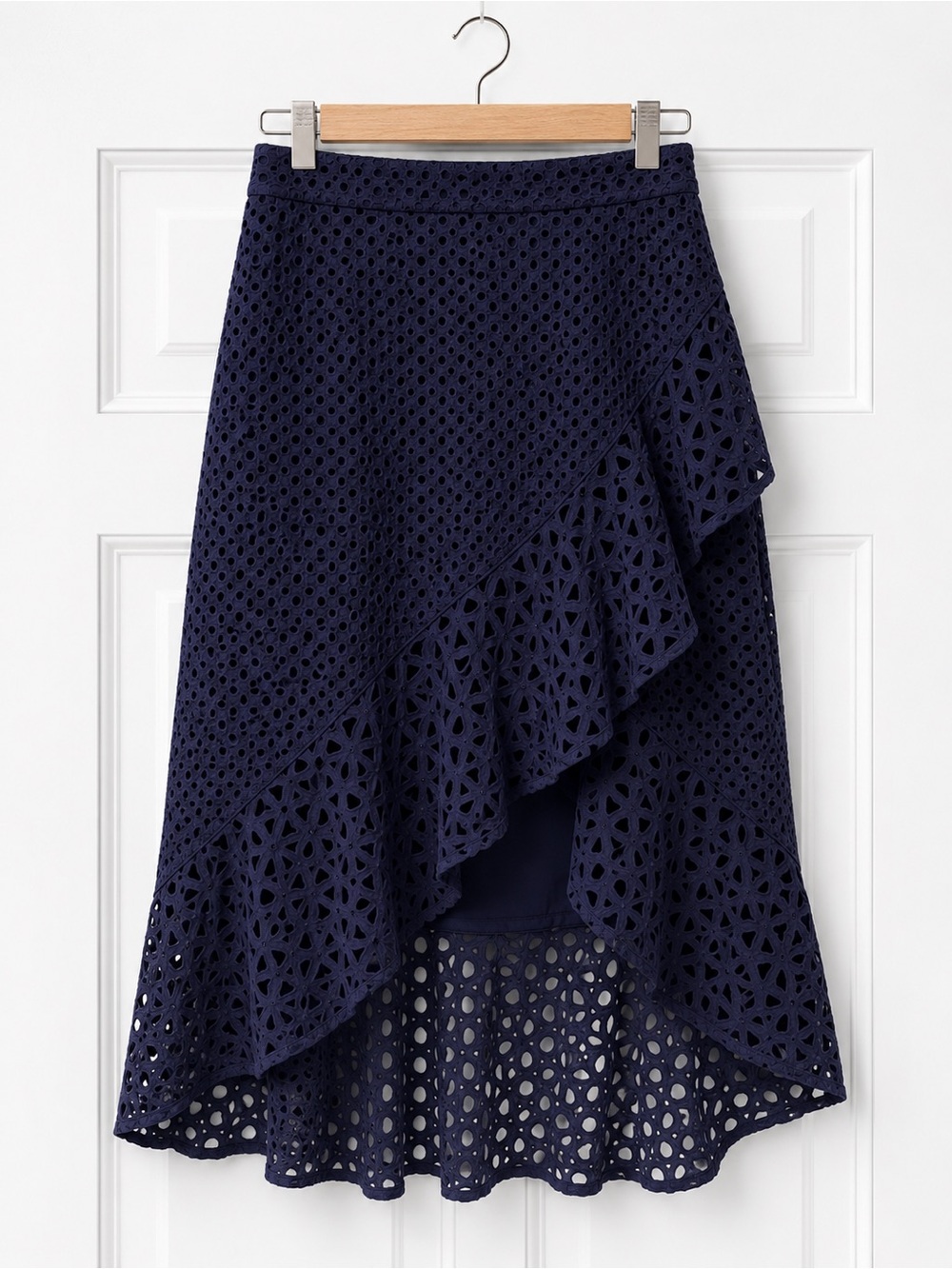 Trina Turk Navy Eyelet High-Low Ruffle Skirt